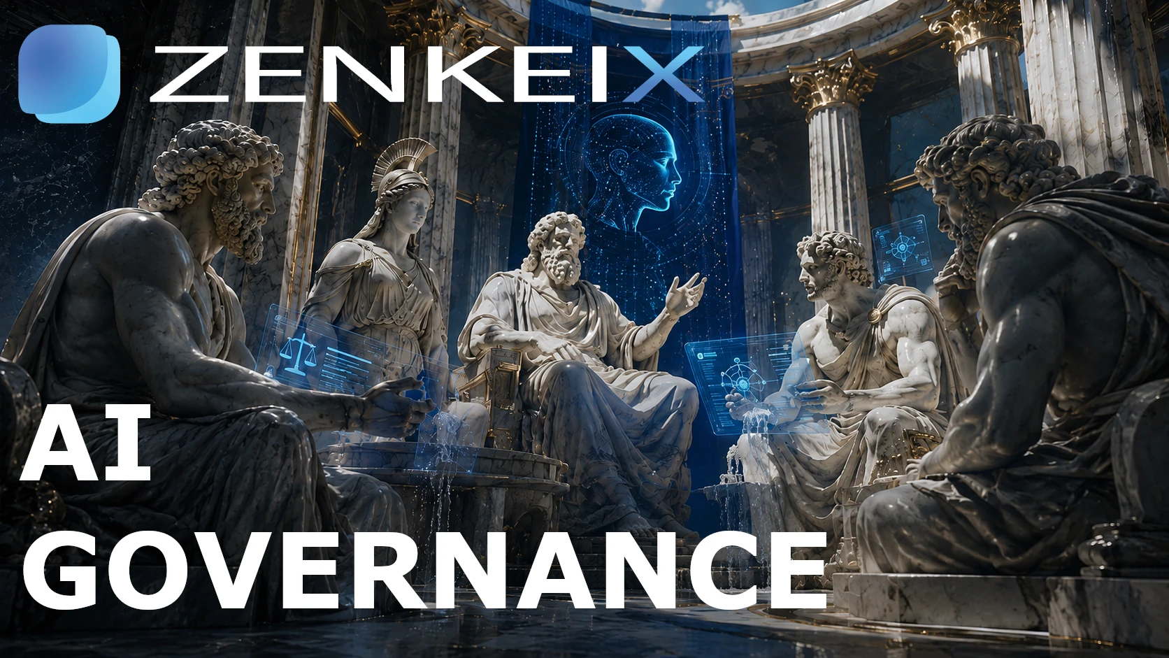 AI governance framework visual with ZenkeiX branding, policy oversight, risk controls, and artificial intelligence governance council