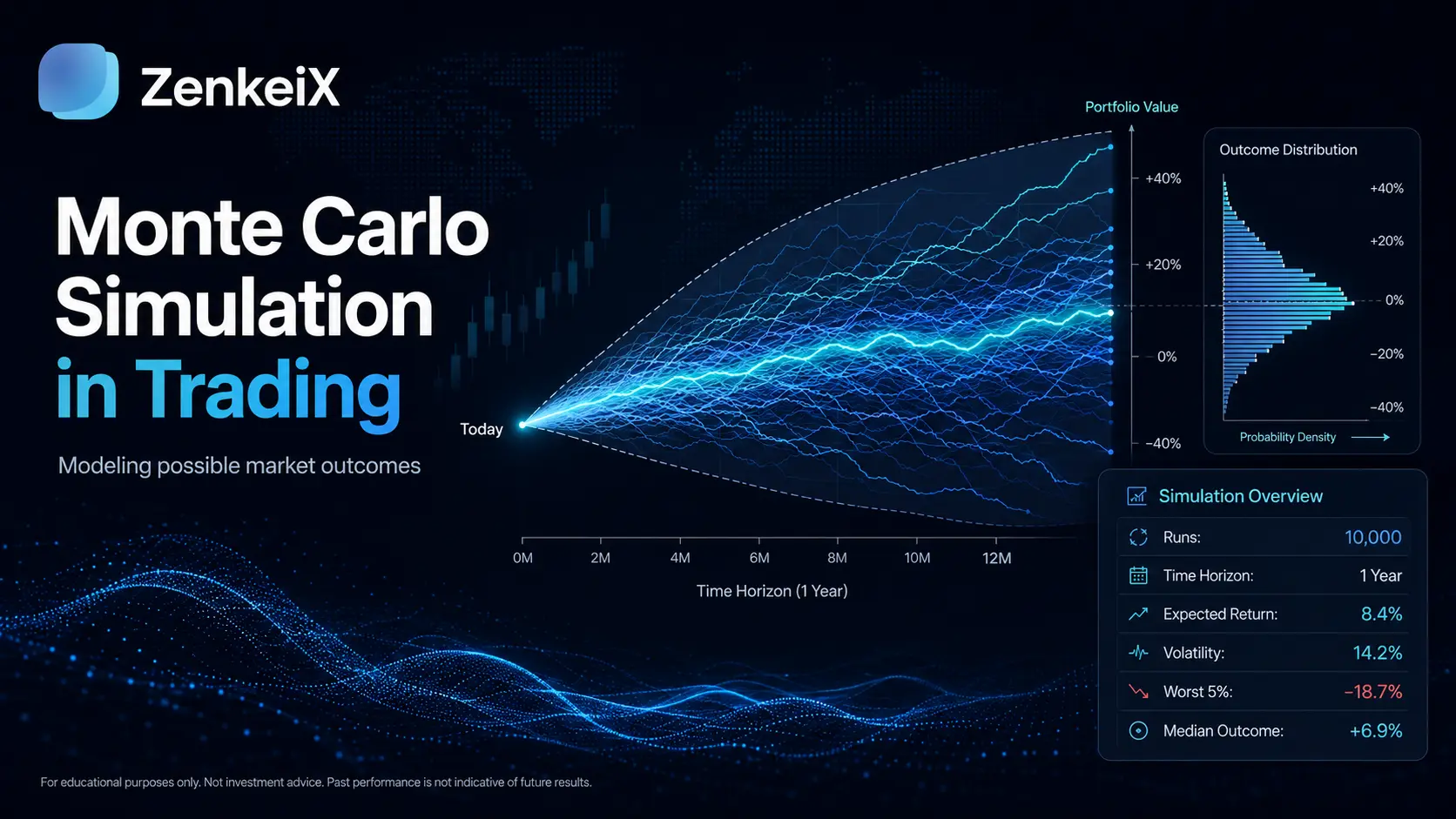 Monte Carlo Simulation in Trading cover with portfolio simulations, outcome distribution, and market scenario.