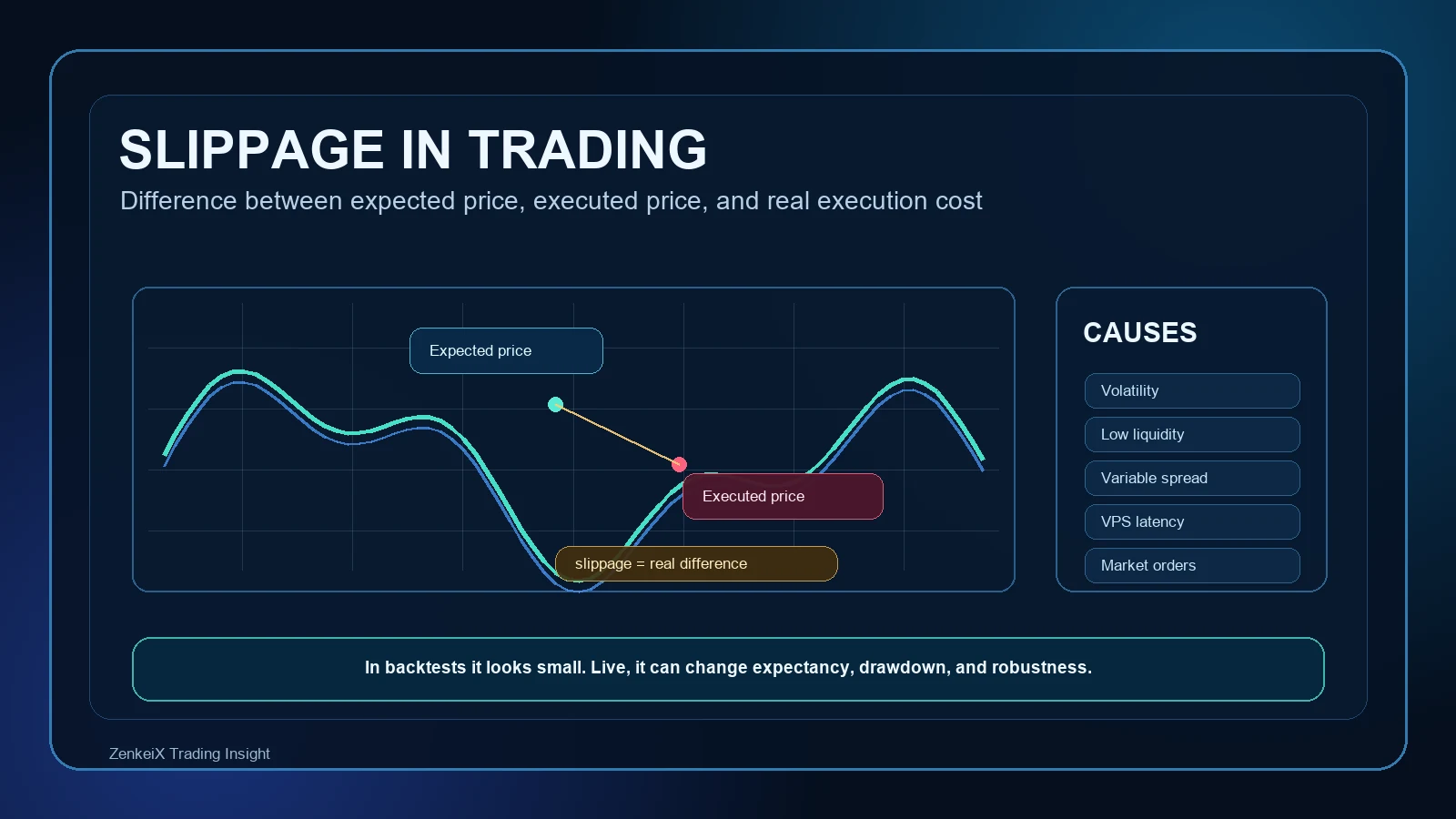 Slippage in trading infographic with expected price, executed price, operational causes, and impact on backtest and drawdown