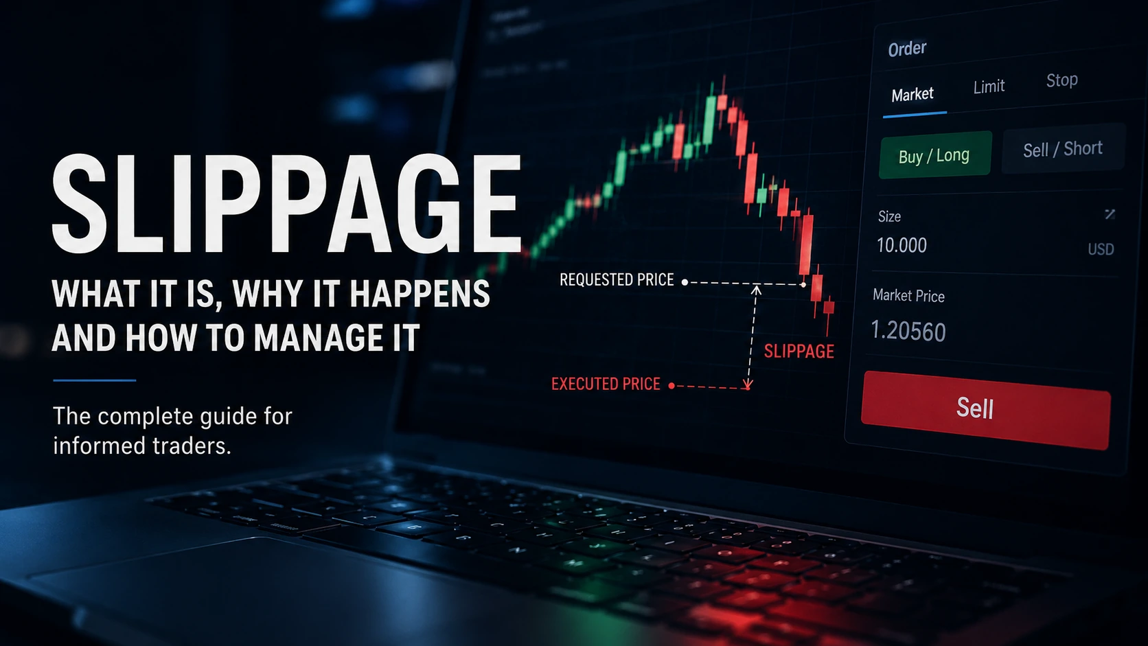 Slippage and execution management in trading with requested price, executed price, and the operational difference on the order