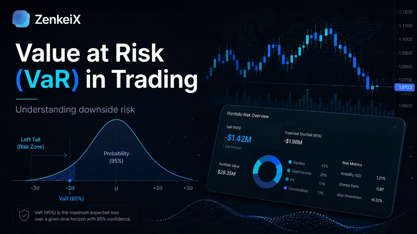 Value at Risk in trading with chart, left tail, VaR threshold, and portfolio risk dashboard.