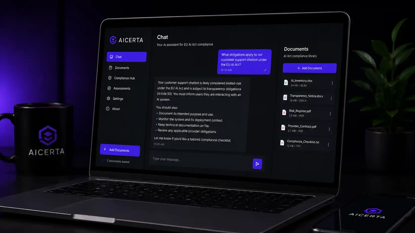 The AI Certa app: a chat answering an EU AI Act question next to a compliance document library