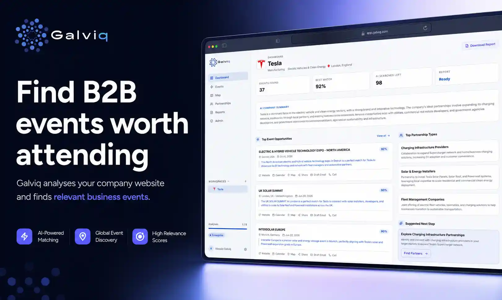 The Galviq dashboard scoring and ranking B2B events by relevance for a company profile
