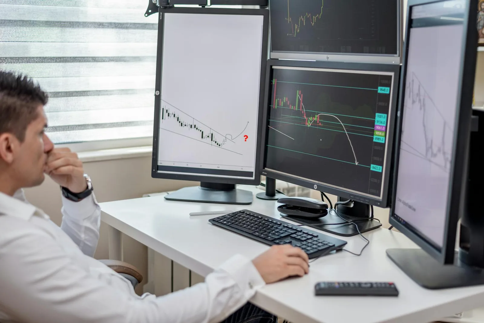 Postazione multi monitor usata per spiegare il payoff ratio nel trading