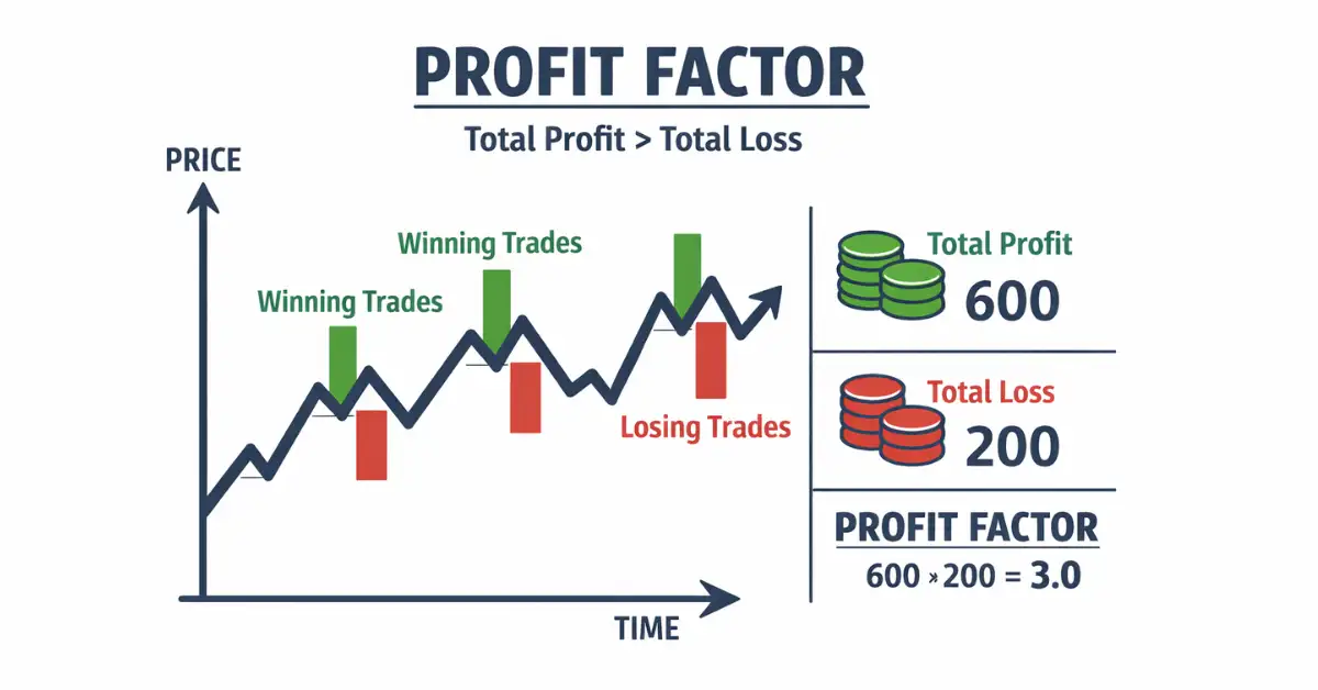 Grafico Profit Factor con confronto tra profitti lordi e perdite lorde di una strategia