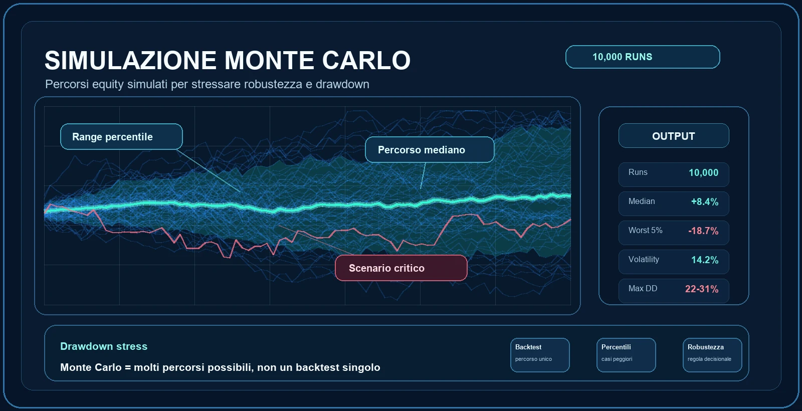 Infografica tecnica simulazione Monte Carlo nel trading con percorsi equity simulati, range percentile e scenario critico.