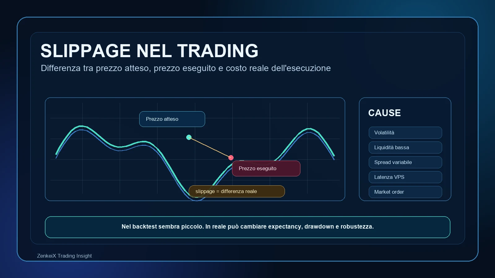 Infografica slippage nel trading con prezzo atteso, prezzo eseguito, cause operative e impatto su backtest e drawdown