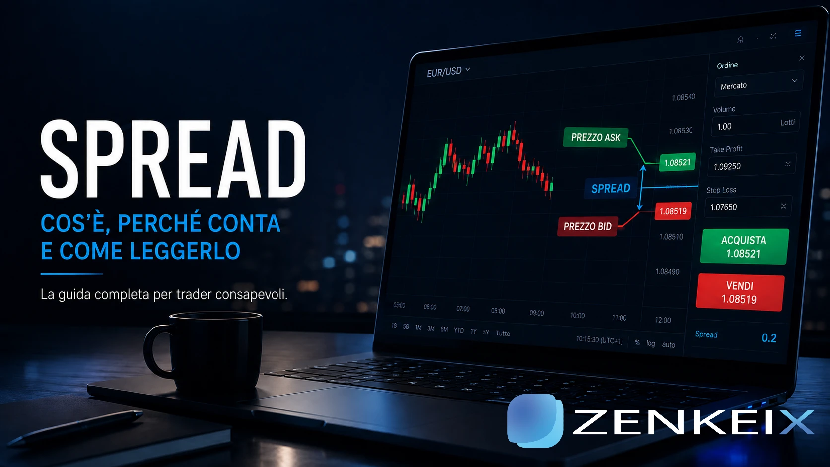 Spread nel trading con bid, ask e costo reale dell'esecuzione mostrati su un'interfaccia di trading